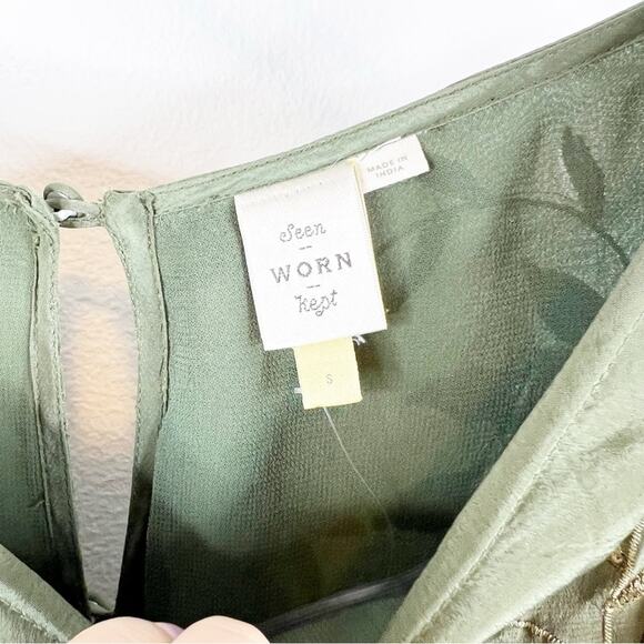 Anthropologie Seen Worn & Kept Floral Embroidered Satin Jumpsuit S Green - Picture 8 of 10